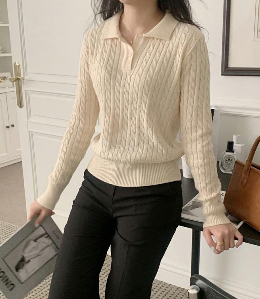 カシミヤ混ポロカラーケーブルニット・p001543 レディース 【tops】トップス ニット 長袖 単色 柄 模様 カシミヤ混 ケーブル編み ケーブルニット 襟コン ポロ襟 秋 冬 かわいい 可愛い キュート 端正 韓国ファッション MKT