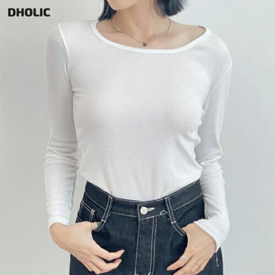ワイドネックスリム長袖Tシャツ・p001755 レディース 【tops】トップス Tシャツ 長袖 単色 無地 シンプル ベーシック 鎖骨 デコルテ スリム タイト 細身 ワイドネック 薄手 秋 冬 カジュアル ラフ 韓国ファッション MKT