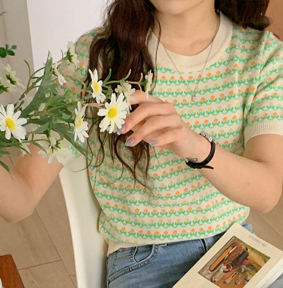 花柄ラウンドネック半袖ニット・p002013 レディース 【tops】トップス ニット 半袖 柄 模様 花柄 配色 春 夏 サマーニット フラワー 総柄 パステル かわいい 可愛い キュート ラブリー 韓国ファッション MKT