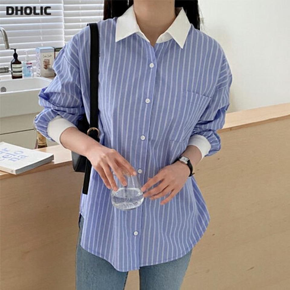 配色ダブルストライプシャツ・p001959 レディース 【bl】シャツ トップス 長袖 柄 模様 配色 ストライプ カジュアル ラフ ドロップショルダー 秋 冬 大人 かわいい 韓国ファッション MKT