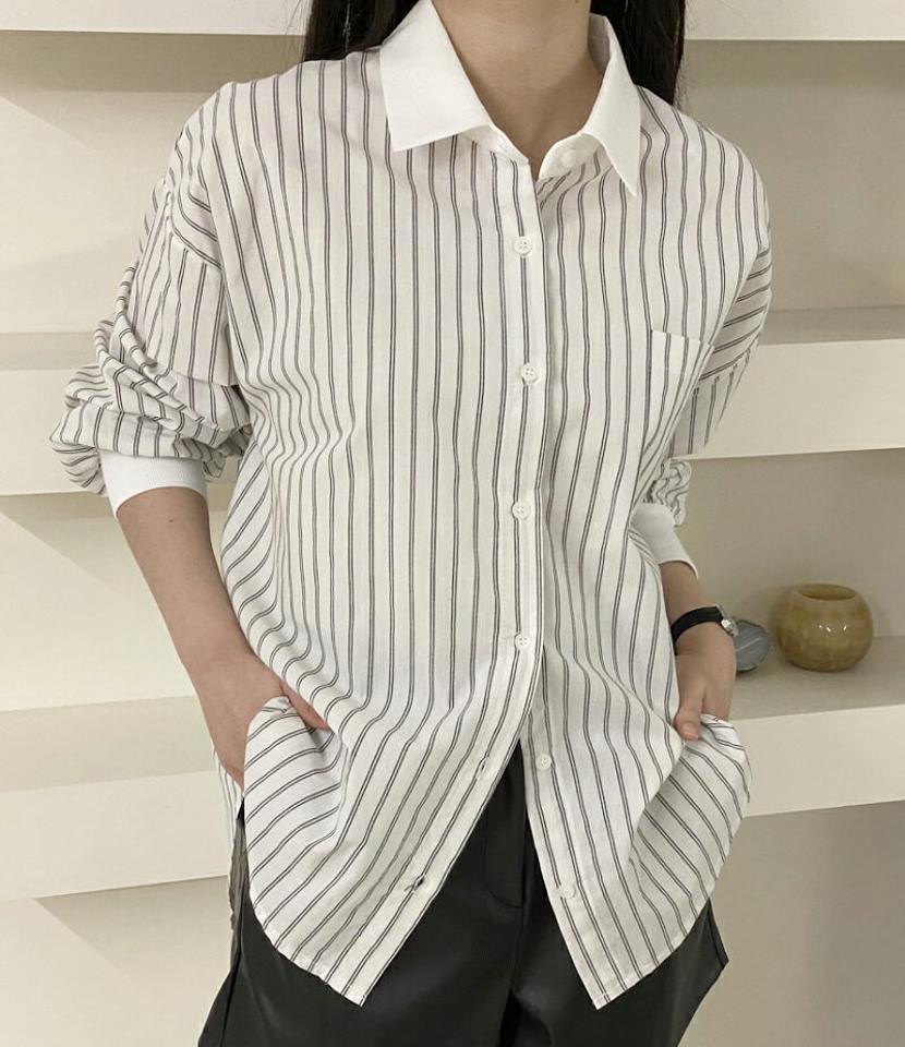 配色ダブルストライプシャツ・p001959 レディース 【bl】シャツ トップス 長袖 柄 模様 配色 ストライプ カジュアル ラフ ドロップショルダー 秋 冬 大人 かわいい 韓国ファッション MKT