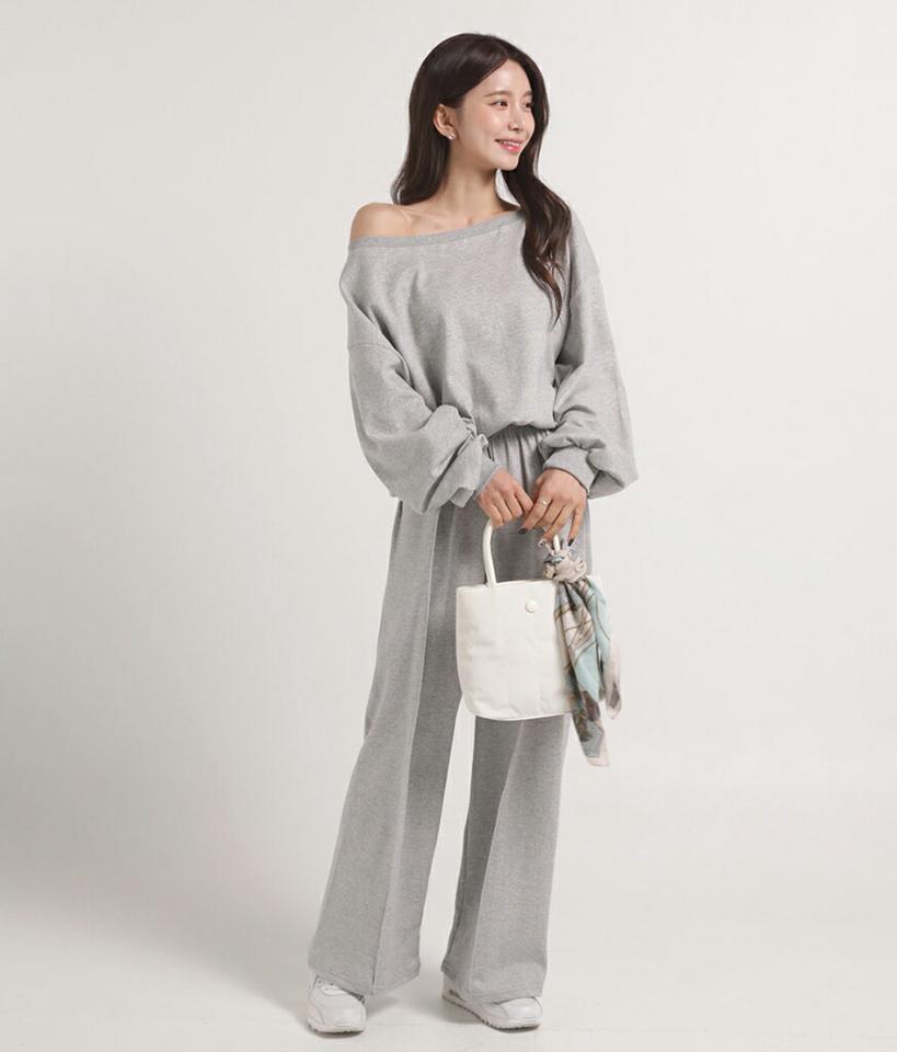 2WAYスウェット&パンツSET・t00623 レディース 【pt】setup セットアップ スウェット パンツ ワンショルダー ボートネック 長袖 ルーズ ハイウエスト ワイド ストレート シンプル 無地 単色 フェミニン カジュアル 秋 冬 春 韓国ファッション