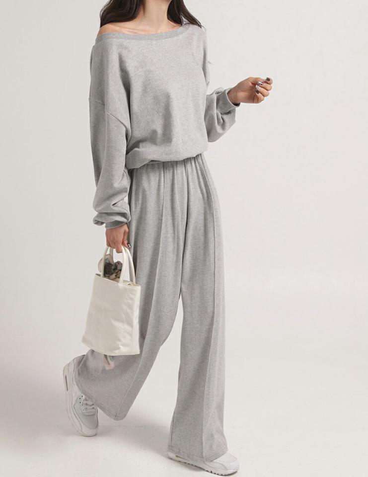 2WAYスウェット&パンツSET・t00623 レディース 【pt】setup セットアップ スウェット パンツ ワンショルダー ボートネック 長袖 ルーズ ハイウエスト ワイド ストレート シンプル 無地 単色 フェミニン カジュアル 秋 冬 春 韓国ファッション