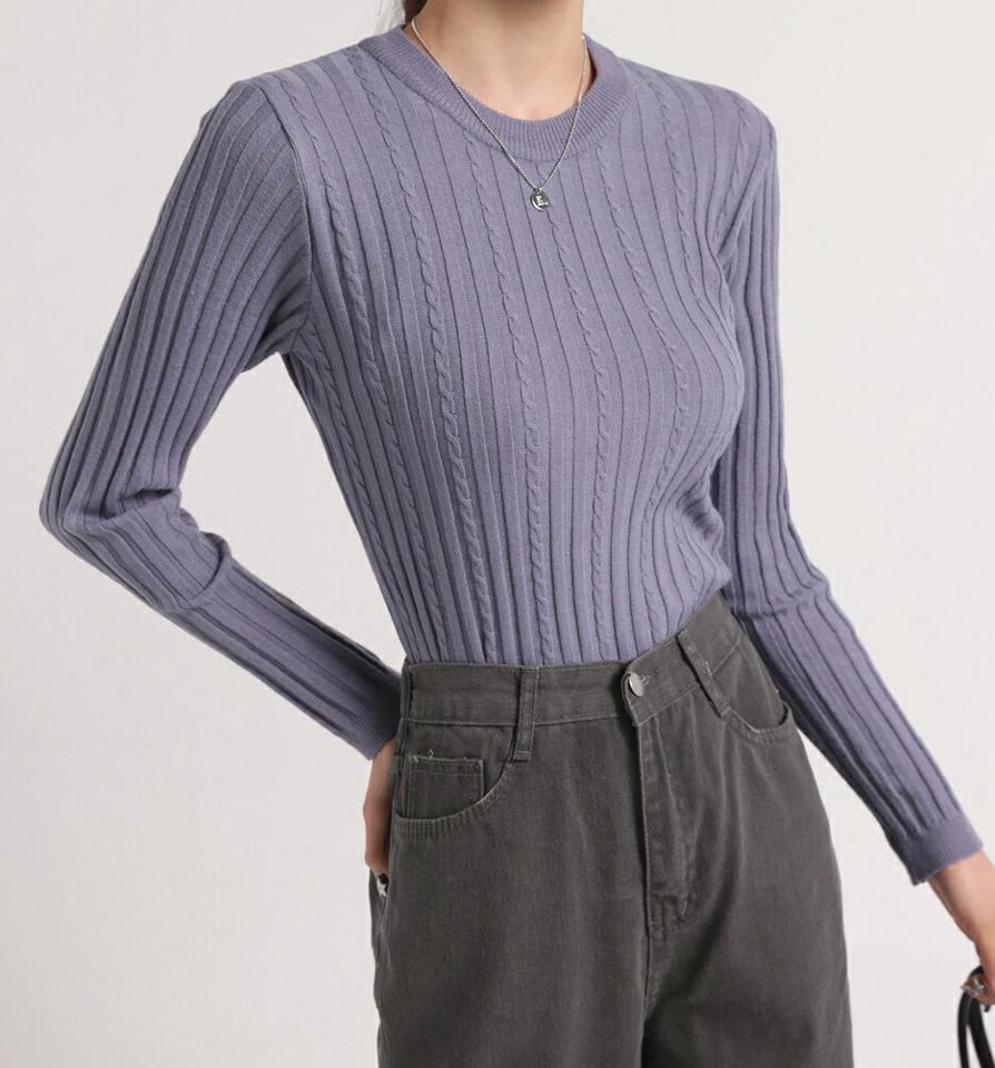 スリムリブケーブルニット・b00611 レディース 【tops】トップス ニット ラウンドネック 長袖 ケーブル リブ スリム ソフトタッチ シンプル 大人 フェミニン カジュアル かわいい 可愛い 秋 冬 春 韓国ファッション