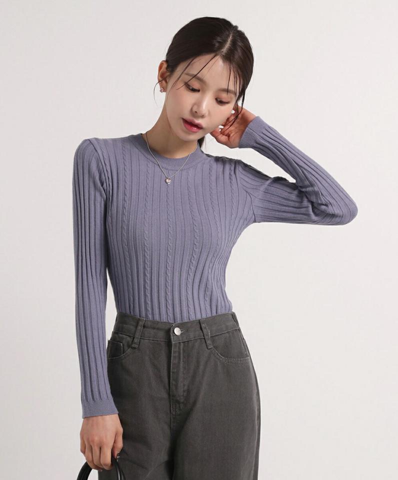 スリムリブケーブルニット・b00611 レディース 【tops】トップス ニット ラウンドネック 長袖 ケーブル リブ スリム ソフトタッチ シンプル 大人 フェミニン カジュアル かわいい 可愛い 秋 冬 春 韓国ファッション