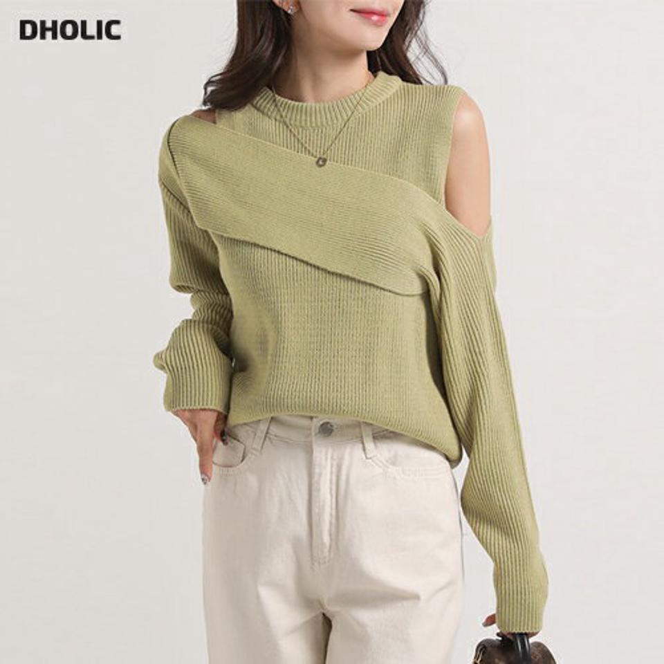 クロスショルダースリットニット・t00613 レディース 【tops】トップス ニット ラウンドネック 長袖 クロス スリットショルダー ルーズ シンプル 大人 フェミニン カジュアル かわいい 可愛い 秋 冬 春 韓国ファッション