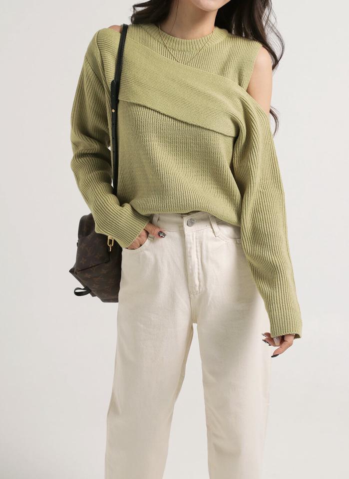 クロスショルダースリットニット・t00613 レディース 【tops】トップス ニット ラウンドネック 長袖 クロス スリットショルダー ルーズ シンプル 大人 フェミニン カジュアル かわいい 可愛い 秋 冬 春 韓国ファッション