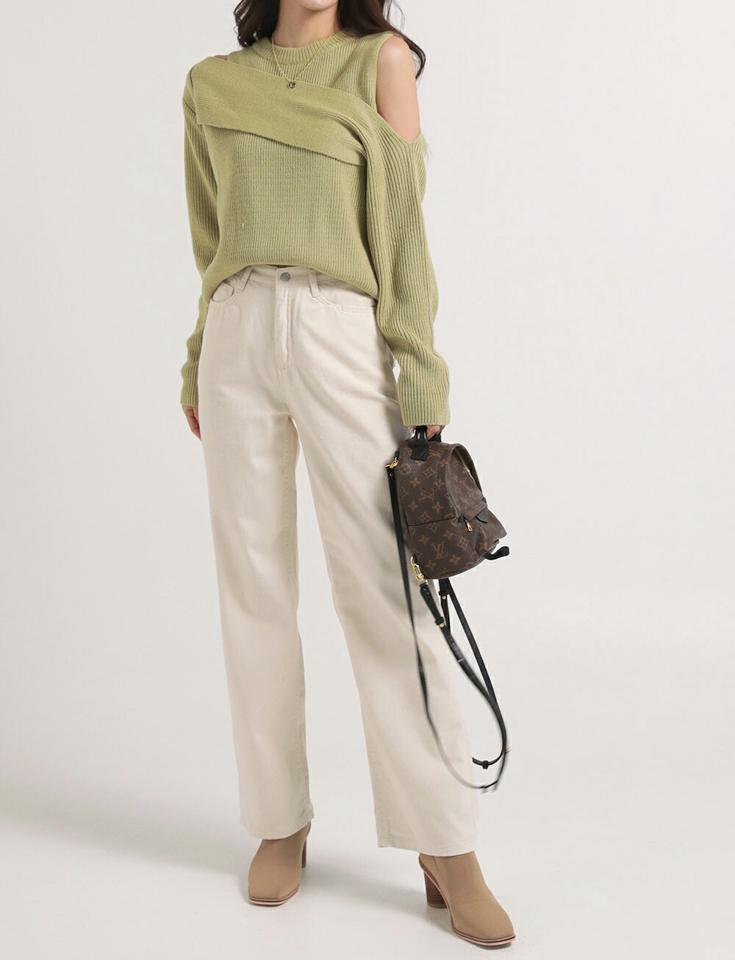 クロスショルダースリットニット・t00613 レディース 【tops】トップス ニット ラウンドネック 長袖 クロス スリットショルダー ルーズ シンプル 大人 フェミニン カジュアル かわいい 可愛い 秋 冬 春 韓国ファッション