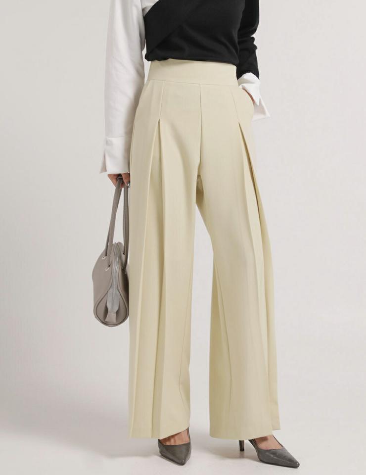 ディープタックワイドスラックス・t00629 レディース 【pt】ボトムス ロング ロングパンツ スラックス ワイド フルレングス ハイウエスト ワンタック ロング丈 無地 単色 シンプル フェミニン カジュアル 秋 冬 春 韓国ファッション