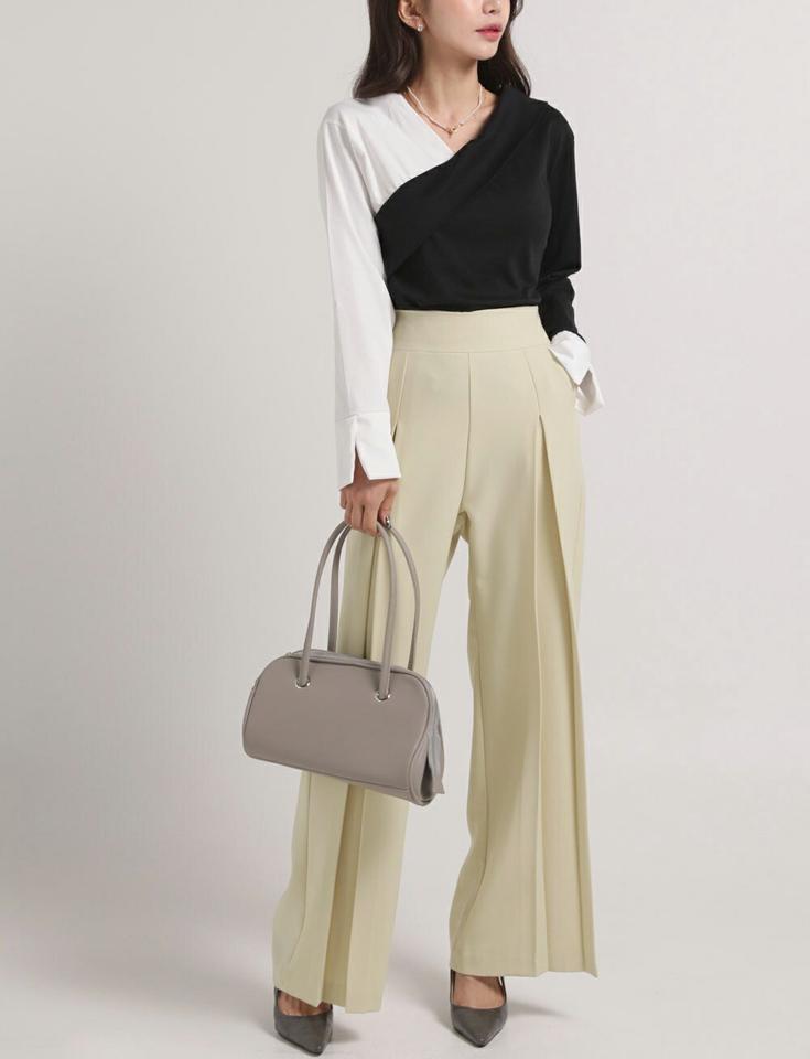 ディープタックワイドスラックス・t00629 レディース 【pt】ボトムス ロング ロングパンツ スラックス ワイド フルレングス ハイウエスト ワンタック ロング丈 無地 単色 シンプル フェミニン カジュアル 秋 冬 春 韓国ファッション