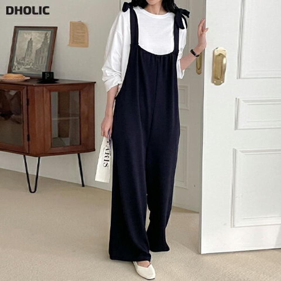 リンクルリボンオールインワン・p001861 レディース 【pt】オールインワン パンツ 単色 無地 シンプル ベーシック リボン りぼん リンクル ワイド 体系カバー 春 夏 秋 冬 カジュアル キュート かわいい ラフ 韓国ファッション MKT