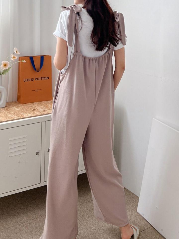 リンクルリボンオールインワン・p001861 レディース 【pt】オールインワン パンツ 単色 無地 シンプル ベーシック リボン りぼん リンクル ワイド 体系カバー 春 夏 秋 冬 カジュアル キュート かわいい ラフ 韓国ファッション MKT