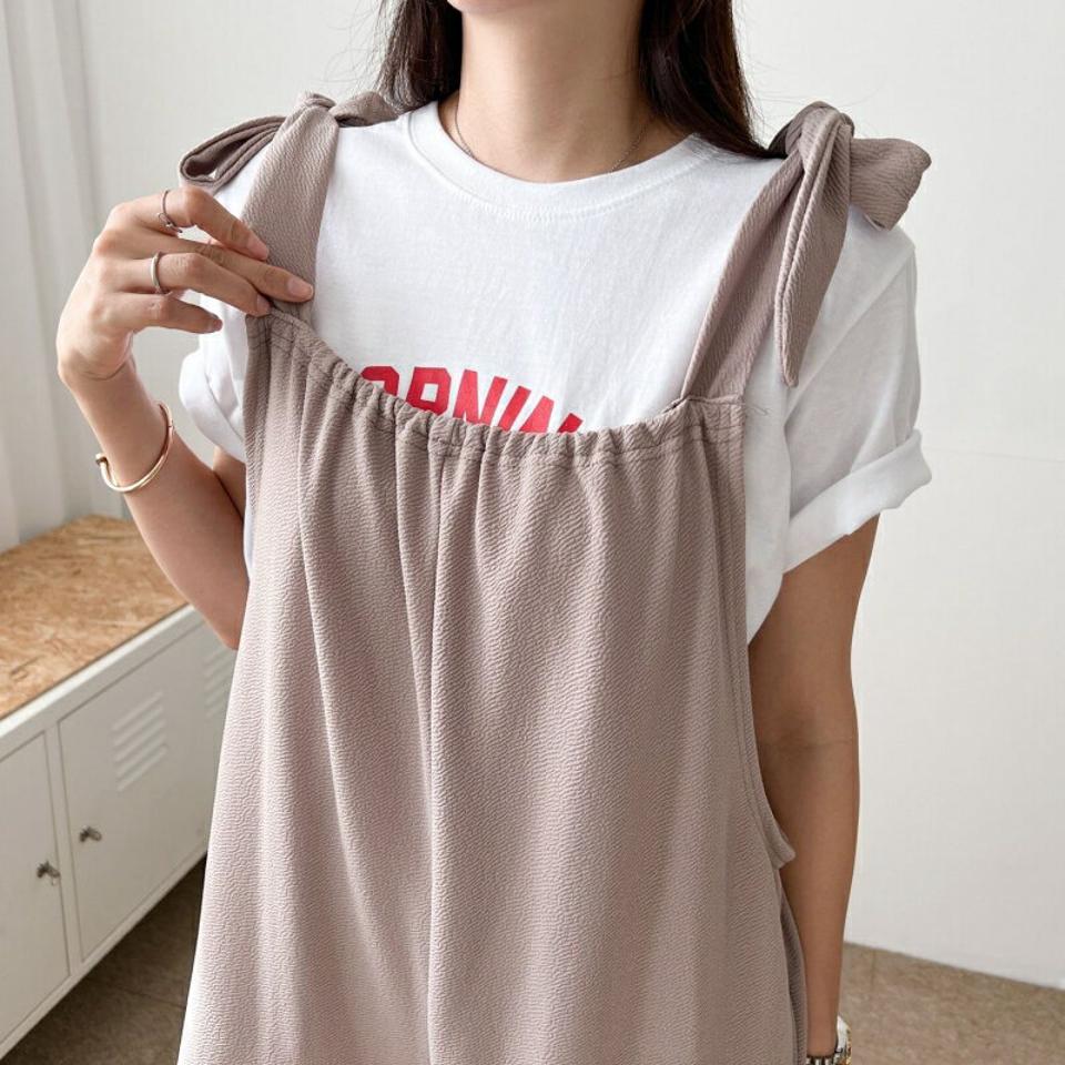 リンクルリボンオールインワン・p001861 レディース 【pt】オールインワン パンツ 単色 無地 シンプル ベーシック リボン りぼん リンクル ワイド 体系カバー 春 夏 秋 冬 カジュアル キュート かわいい ラフ 韓国ファッション MKT