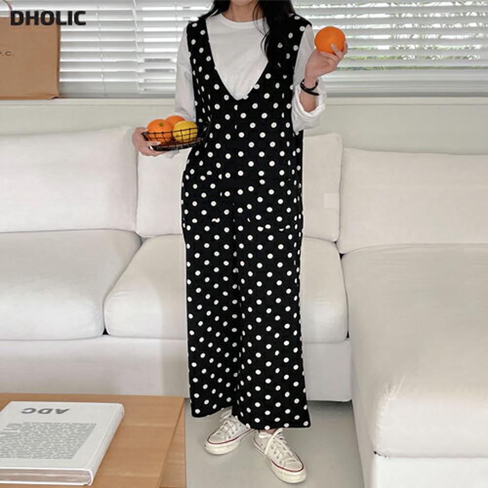 Vネックドットオールインワン・p001858 レディース 【pt】オールインワン パンツ ロング丈 ノースリーブ スリーブレス 柄 模様 ドット Vネック ワイド モノトーン 体系カバー 秋 冬 カジュアル キュート 韓国ファッション MKT