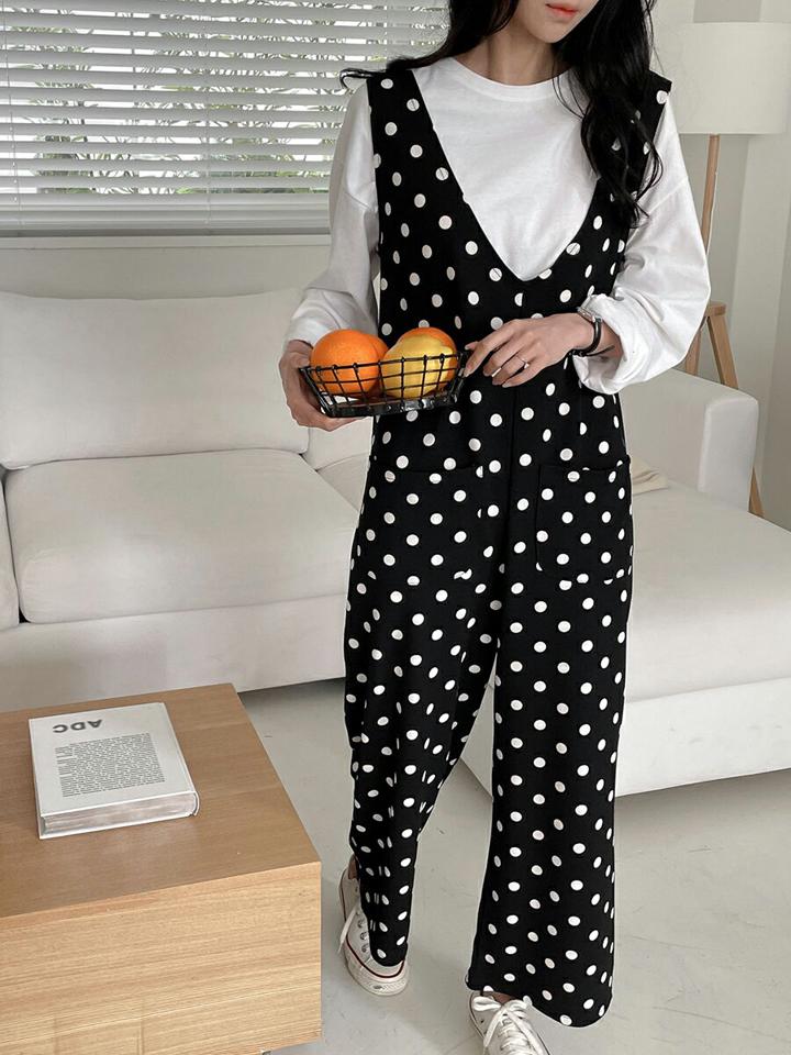 Vネックドットオールインワン・p001858 レディース 【pt】オールインワン パンツ ロング丈 ノースリーブ スリーブレス 柄 模様 ドット Vネック ワイド モノトーン 体系カバー 秋 冬 カジュアル キュート 韓国ファッション MKT