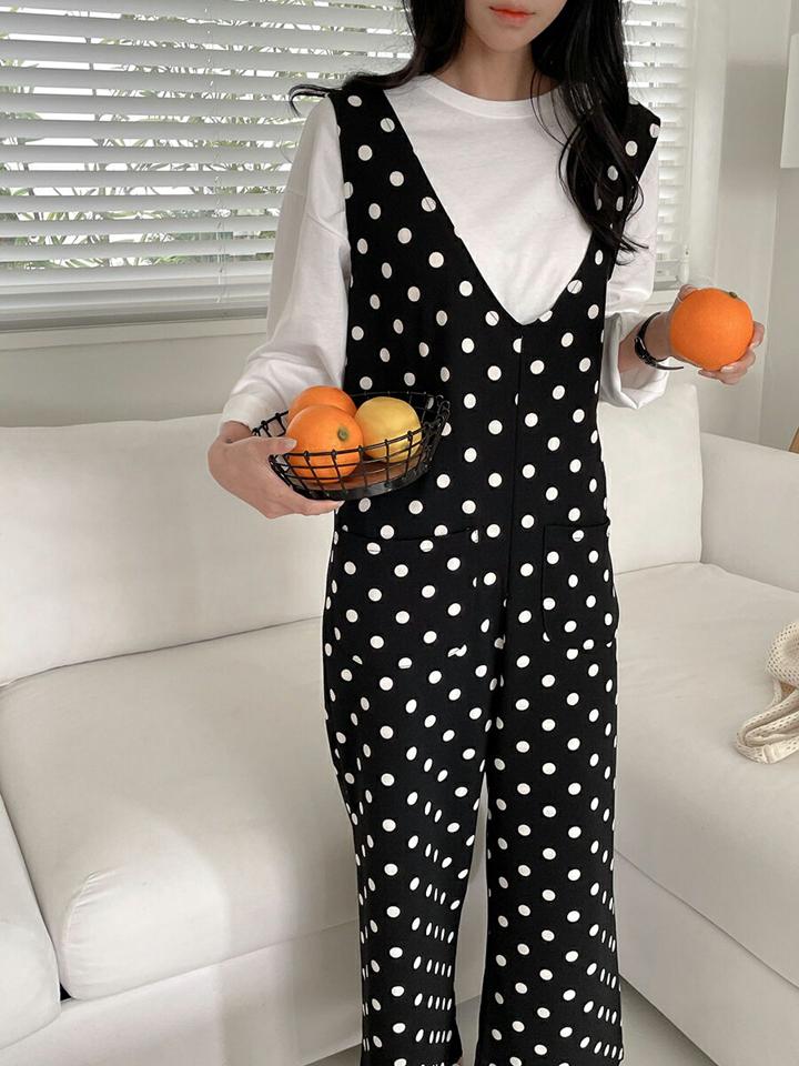 Vネックドットオールインワン・p001858 レディース 【pt】オールインワン パンツ ロング丈 ノースリーブ スリーブレス 柄 模様 ドット Vネック ワイド モノトーン 体系カバー 秋 冬 カジュアル キュート 韓国ファッション MKT