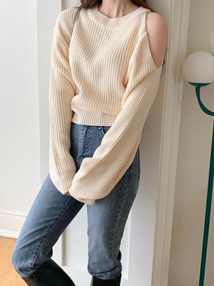 オープンワンショルダーニット・p001726 レディース 【tops】トップス 長袖 ニット ワンショルダー 肩出し セクシー 単色 無地 シンプル ベーシック リブ ユニーク 秋 冬 カジュアル モード 韓国ファッション MKT