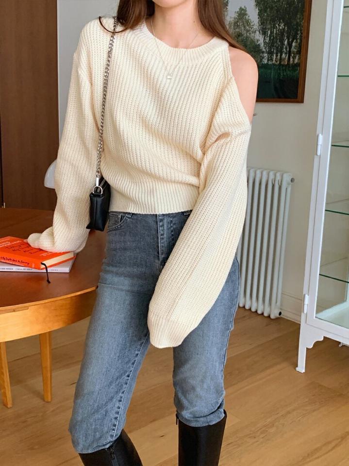オープンワンショルダーニット・p001726 レディース 【tops】トップス 長袖 ニット ワンショルダー 肩出し セクシー 単色 無地 シンプル ベーシック リブ ユニーク 秋 冬 カジュアル モード 韓国ファッション MKT