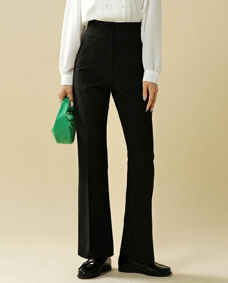 ツーボタンフレアスラックス・t00092 レディース 【pt】ボトムス ロング ロングパンツ スラックス スリム フレア センタープレス ハイウエスト ロング丈 無地 単色 シンプル フェミニン カジュアル 秋 冬 春 韓国ファッション