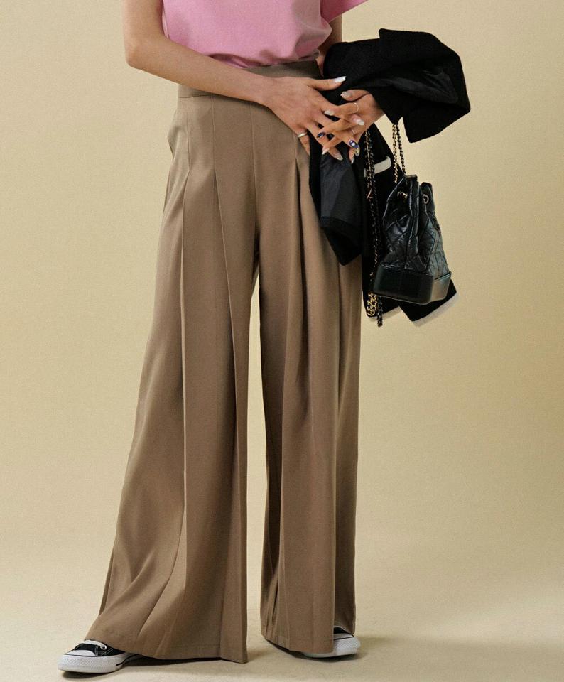 ツータックワイドスラックス・t00090 レディース 【pt】ボトムス ロング ロングパンツ スラックス ツータック ハイウエスト ワイド バックゴム ダーツ ロング丈 無地 単色 シンプル フェミニン カジュアル 秋 冬 春 韓国ファッション