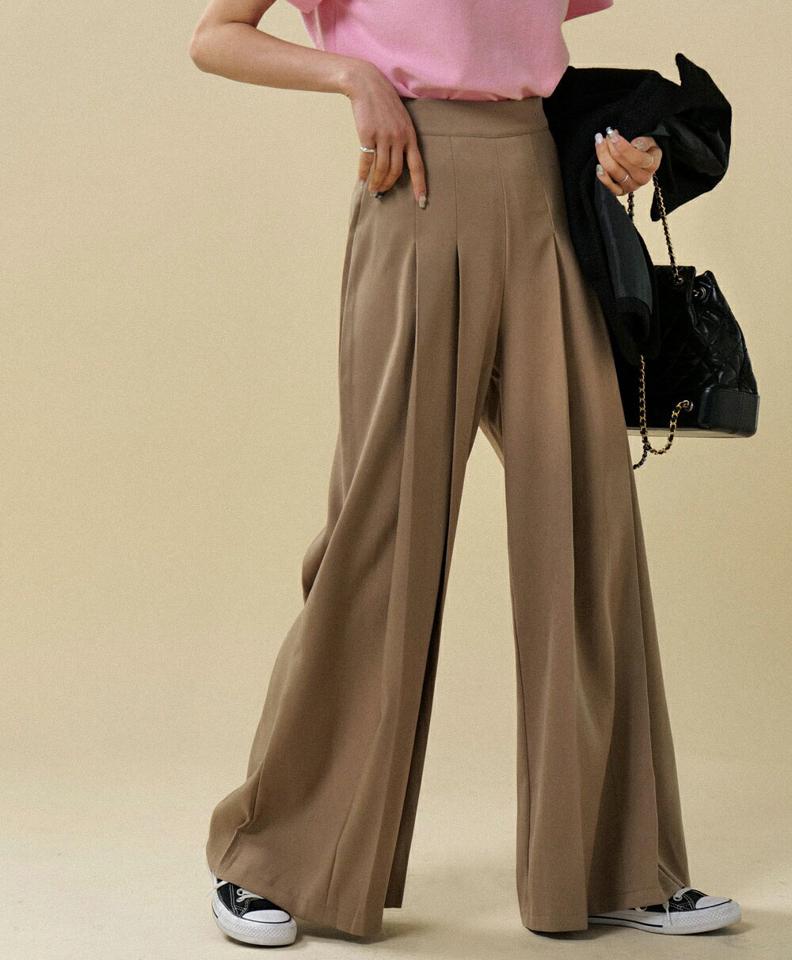 ツータックワイドスラックス・t00090 レディース 【pt】ボトムス ロング ロングパンツ スラックス ツータック ハイウエスト ワイド バックゴム ダーツ ロング丈 無地 単色 シンプル フェミニン カジュアル 秋 冬 春 韓国ファッション