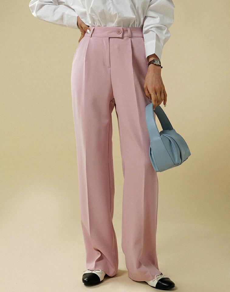 【マラソン特価】ボタンタックワイドスラックス・t00089 レディース 【pt】ボトムス ロング ロングパンツ スラックス センタープレス ハイウエスト ダーツ ワンタック ロング丈 無地 単色 シンプル フェミニン カジュアル 秋 冬 春 韓国ファッション