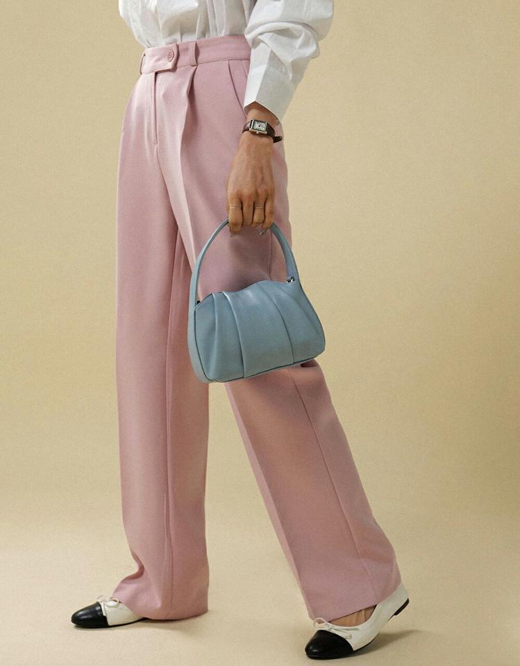 【マラソン特価】ボタンタックワイドスラックス・t00089 レディース 【pt】ボトムス ロング ロングパンツ スラックス センタープレス ハイウエスト ダーツ ワンタック ロング丈 無地 単色 シンプル フェミニン カジュアル 秋 冬 春 韓国ファッション