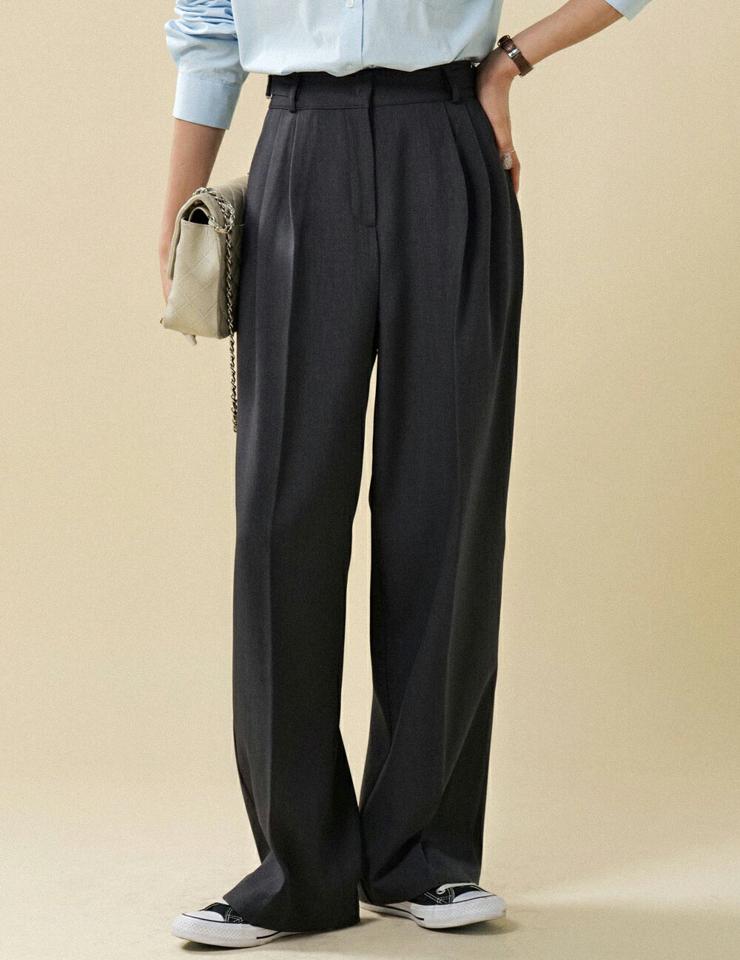 サイドベルトワイドスラックス・t00088 レディース 【pt】ボトムス ロング ロングパンツ スラックス センタープレス ハイウエスト ワイド ストレート ツータック ロング丈 無地 単色 シンプル フェミニン カジュアル 秋 冬 春 韓国ファッション