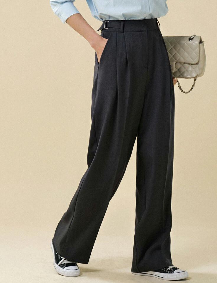 サイドベルトワイドスラックス・t00088 レディース 【pt】ボトムス ロング ロングパンツ スラックス センタープレス ハイウエスト ワイド ストレート ツータック ロング丈 無地 単色 シンプル フェミニン カジュアル 秋 冬 春 韓国ファッション