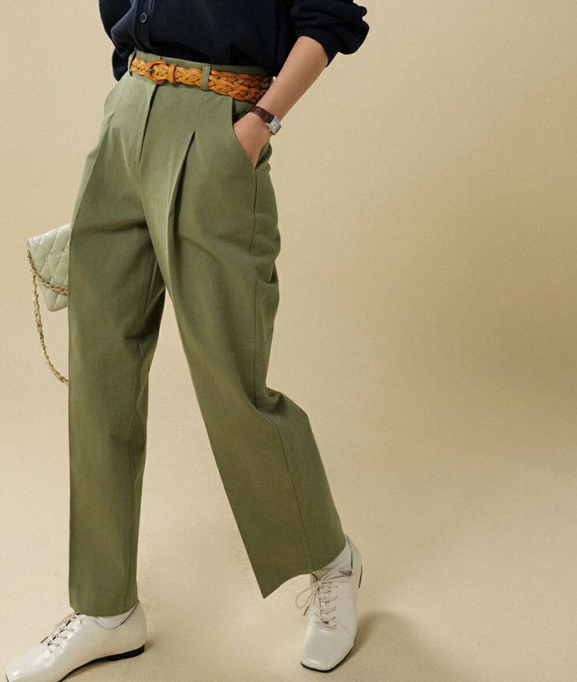 タックコットンスラックス・t00083 レディース 【pt】ボトムス ロング ロングパンツ スラックス センタープレス ハイウエスト ワイド ストレート コットン 綿 ロング丈 無地 単色 シンプル フェミニン カジュアル 秋 冬 春 韓国ファッション