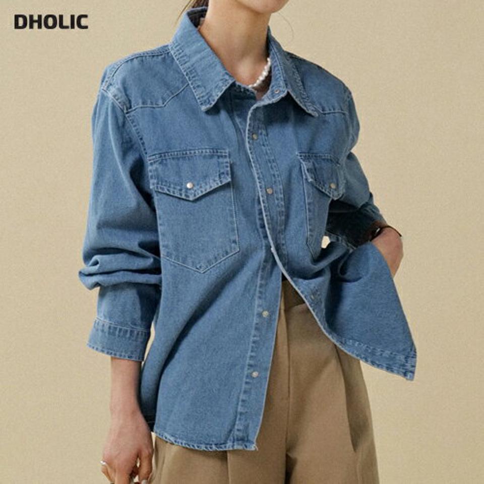 スナップボタンポケットデニムシャツ・t00064 レディース 【bl】トップス シャツ カラーネック 長袖 デニムシャツ ラウンドヘム ショルダーパネル コットン 綿 シンプル 大人 かわいい 可愛い カジュアル フェミニン 秋 冬 春 韓国ファッション