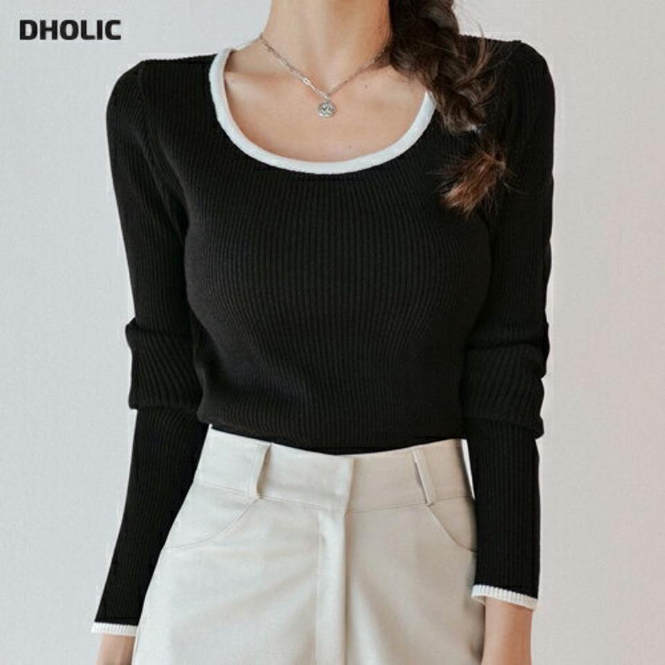 リブ配色Uネックニット・t00192 レディース 【tops】トップス ニット Uネック 長袖 クロップド丈 リブ 配色トリミング シンプル 大人 フェミニン カジュアル かわいい 可愛い 秋 冬 春 韓国ファッション