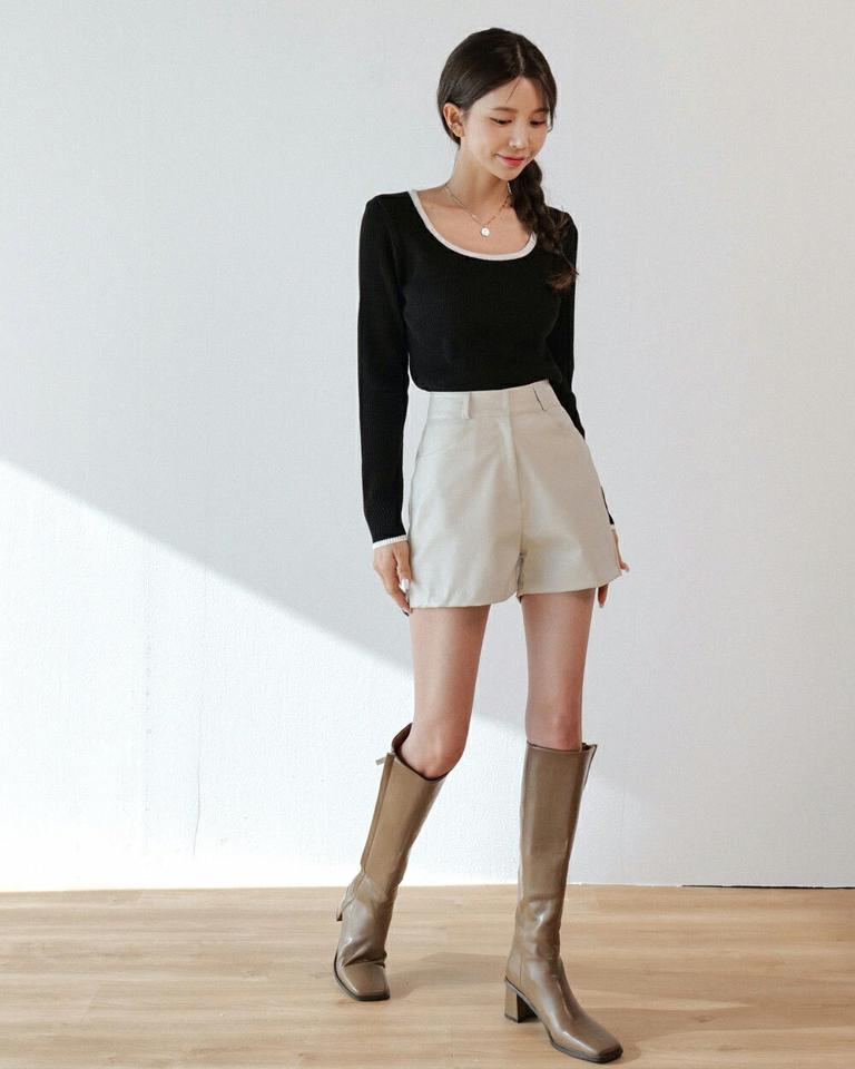 リブ配色Uネックニット・t00192 レディース 【tops】トップス ニット Uネック 長袖 クロップド丈 リブ 配色トリミング シンプル 大人 フェミニン カジュアル かわいい 可愛い 秋 冬 春 韓国ファッション