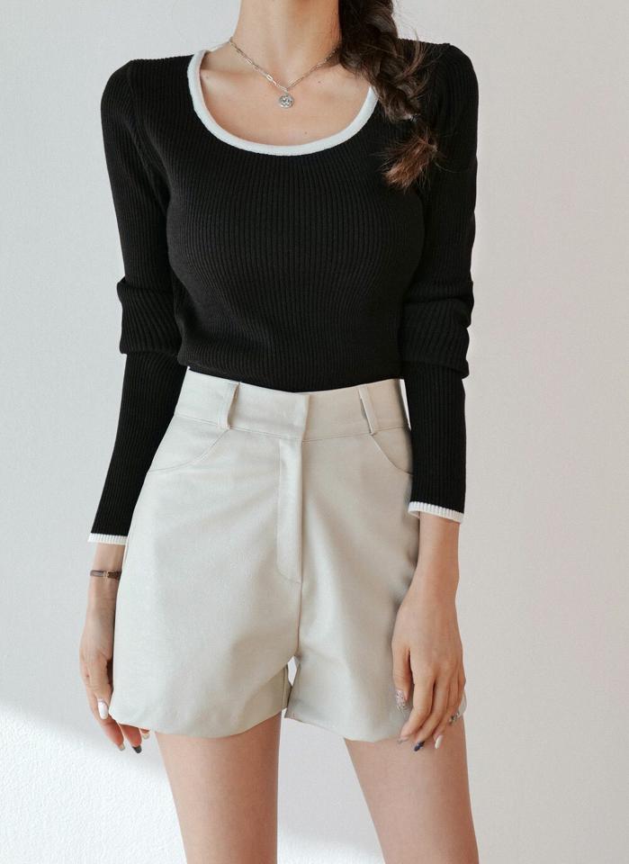 リブ配色Uネックニット・t00192 レディース 【tops】トップス ニット Uネック 長袖 クロップド丈 リブ 配色トリミング シンプル 大人 フェミニン カジュアル かわいい 可愛い 秋 冬 春 韓国ファッション