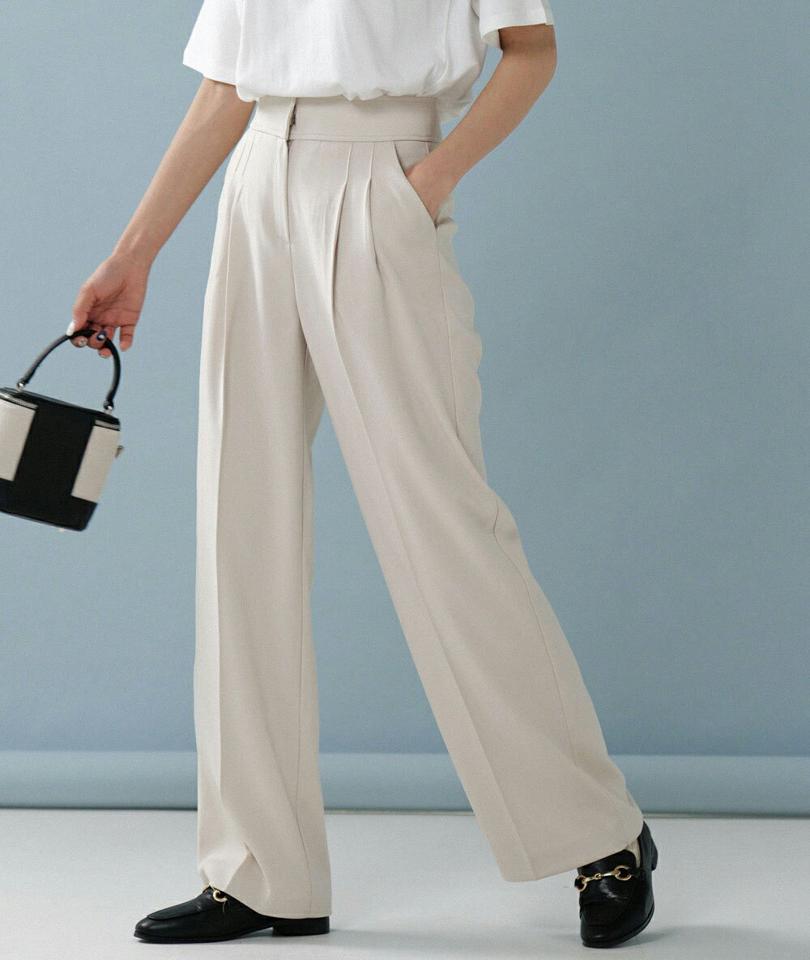 タックワイドスラックス・t00213 レディース 【pt】ボトムス ロング ロングパンツ スラックス ツータック ワイド ストレート ハイウエスト センタープレス ロング丈 無地 単色 シンプル フェミニン カジュアル 秋 冬 春 韓国ファッション