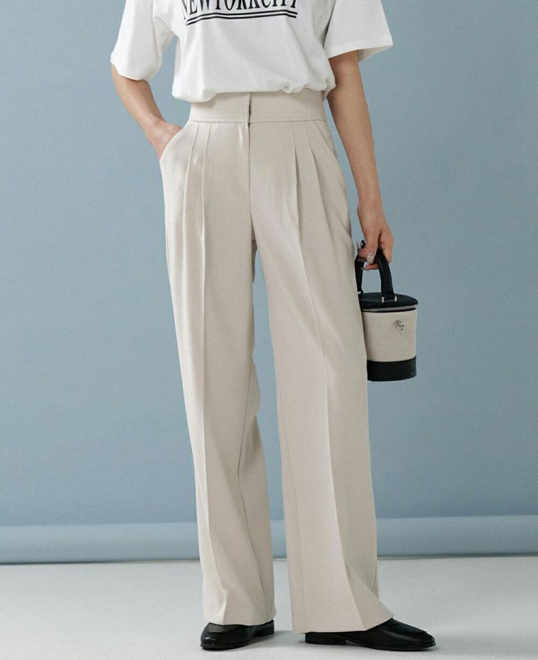 タックワイドスラックス・t00213 レディース 【pt】ボトムス ロング ロングパンツ スラックス ツータック ワイド ストレート ハイウエスト センタープレス ロング丈 無地 単色 シンプル フェミニン カジュアル 秋 冬 春 韓国ファッション