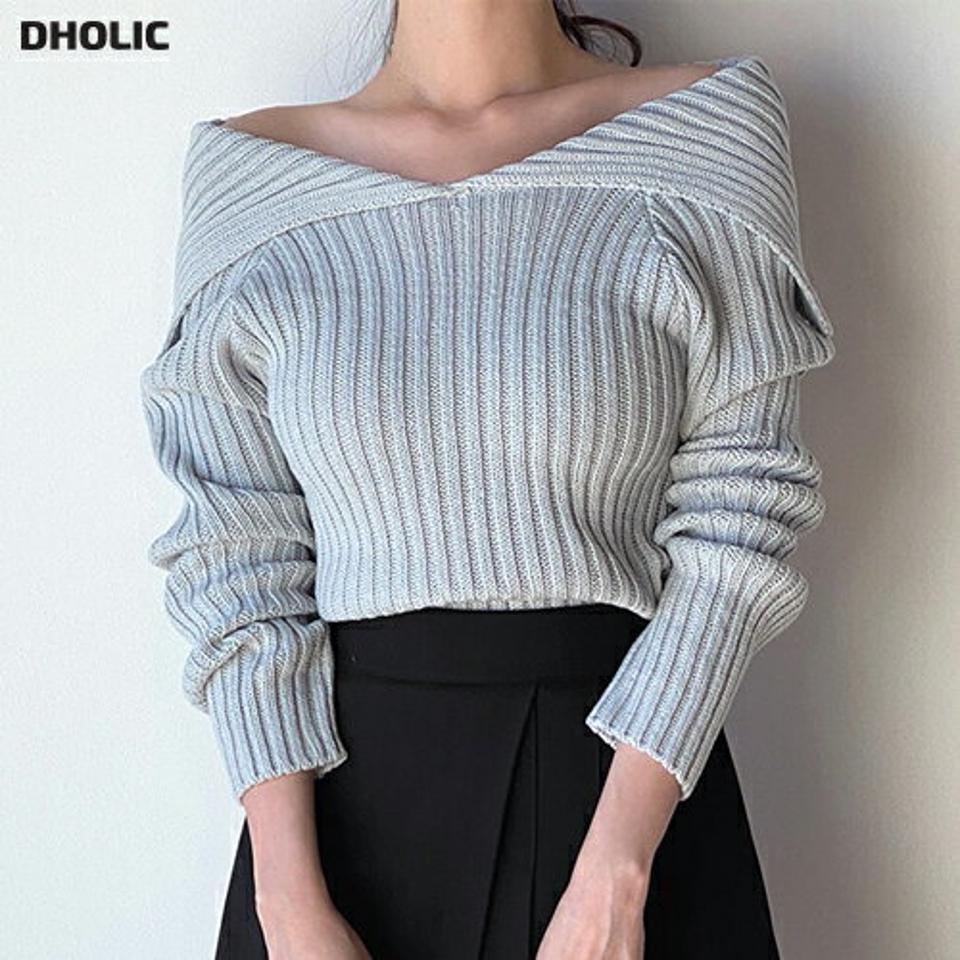 2WAYカラーラグランリブニット・t00118 レディース 【tops】トップス ニット Vネック オフショルダー 長袖 セーラーカラー ラグラン スリム リブ クロップド丈 シンプル 大人 フェミニン カジュアル かわいい 可愛い 秋 冬 春 韓国ファッション