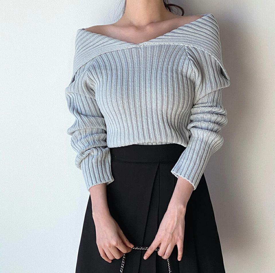 2WAYカラーラグランリブニット・t00118 レディース 【tops】トップス ニット Vネック オフショルダー 長袖 セーラーカラー ラグラン スリム リブ クロップド丈 シンプル 大人 フェミニン カジュアル かわいい 可愛い 秋 冬 春 韓国ファッション