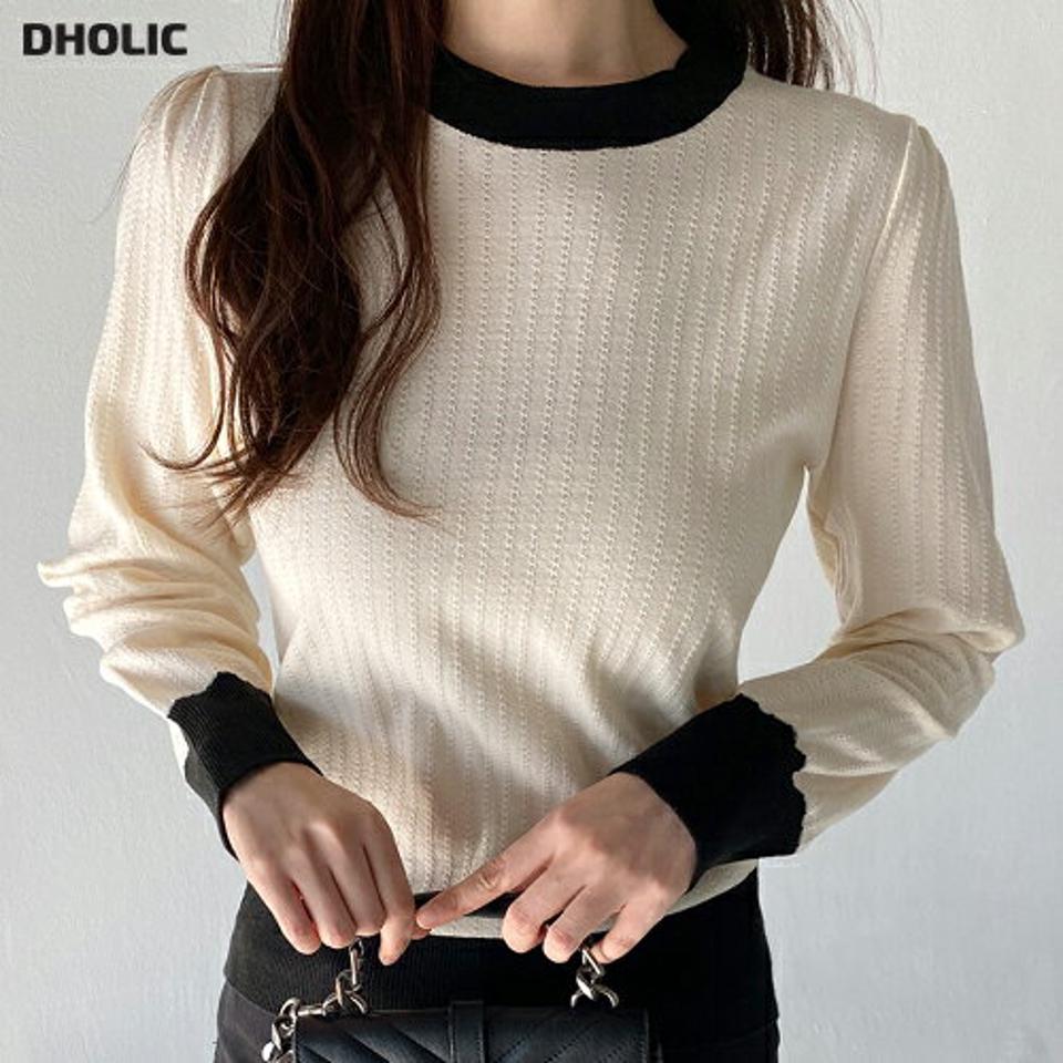 配色パンチングニット・t00117 レディース 【tops】トップス ニット ラウンドネック 長袖 配色ヘム パンチング ギャザー リブヘム シンプル 大人 フェミニン カジュアル かわいい 可愛い 秋 冬 春 韓国ファッション