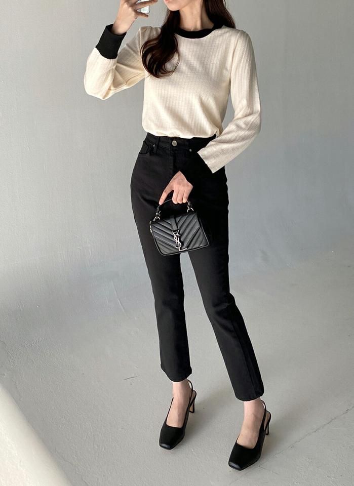 配色パンチングニット・t00117 レディース 【tops】トップス ニット ラウンドネック 長袖 配色ヘム パンチング ギャザー リブヘム シンプル 大人 フェミニン カジュアル かわいい 可愛い 秋 冬 春 韓国ファッション