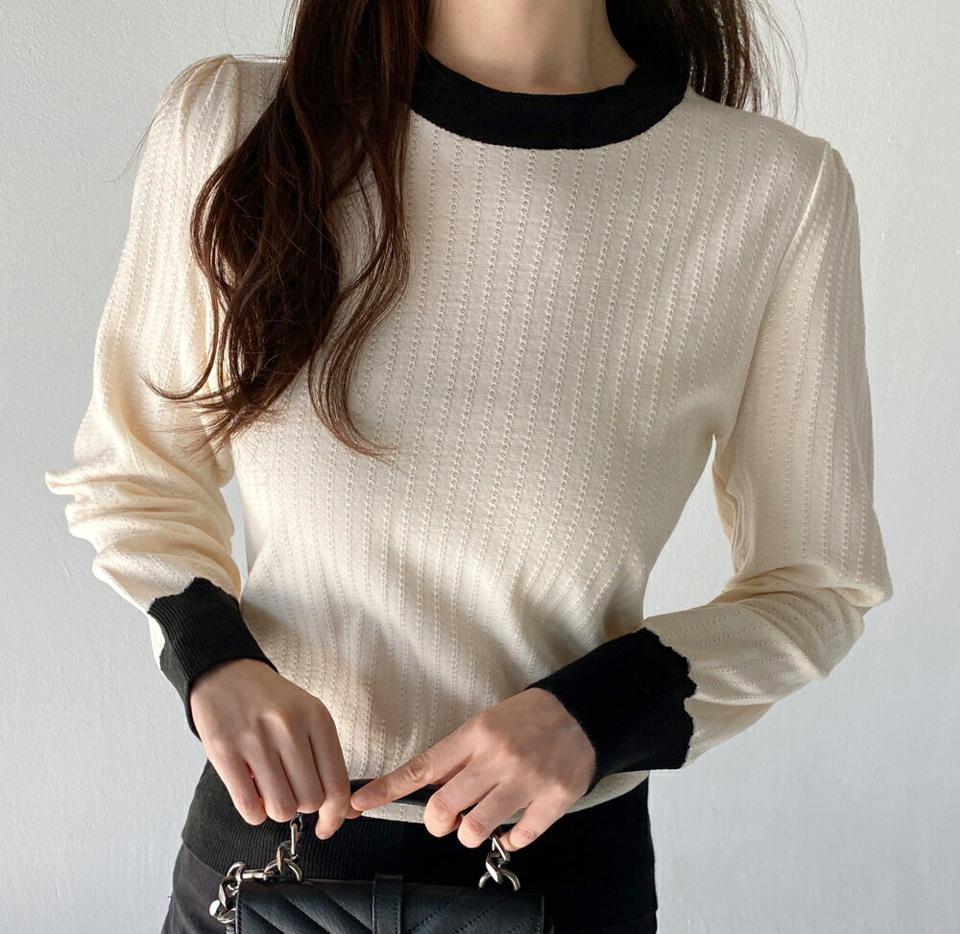 配色パンチングニット・t00117 レディース 【tops】トップス ニット ラウンドネック 長袖 配色ヘム パンチング ギャザー リブヘム シンプル 大人 フェミニン カジュアル かわいい 可愛い 秋 冬 春 韓国ファッション