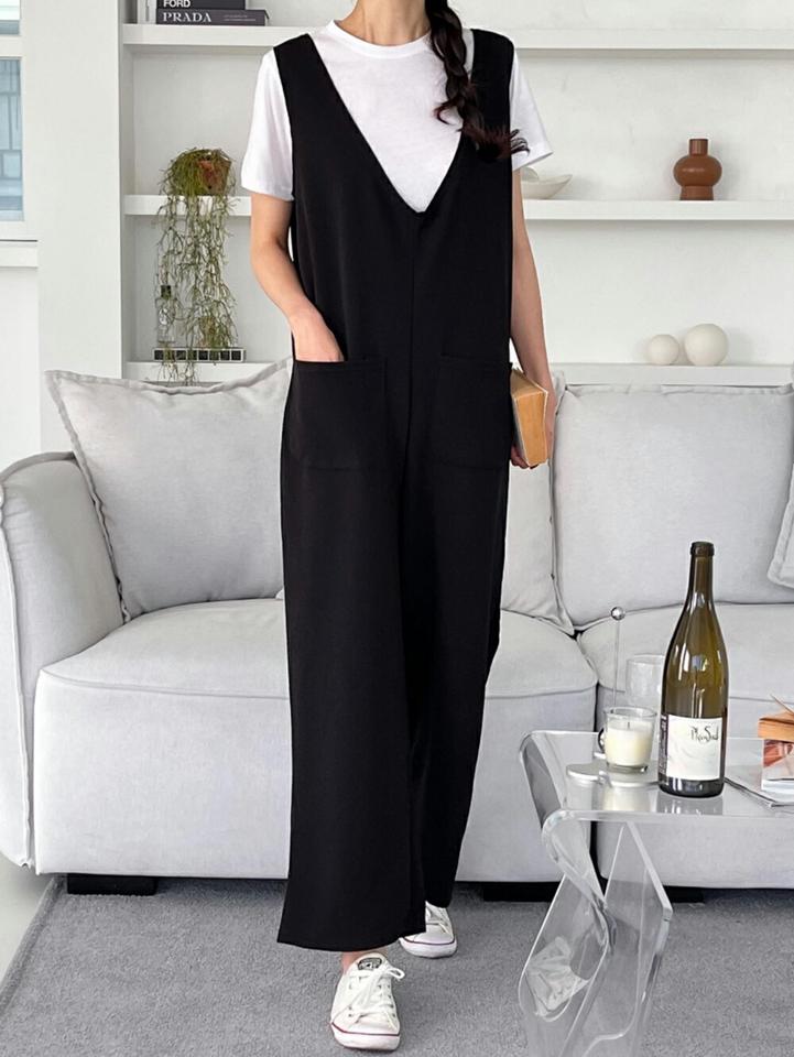 ポケットVネックオールインワン・p001851 レディース 【pt】パンツ オールインワン パンツ ロング丈 単色 無地 シンプル ベーシック Vネック ワイド 春 夏 秋 冬 カジュアル ラフ 韓国ファッション MKT