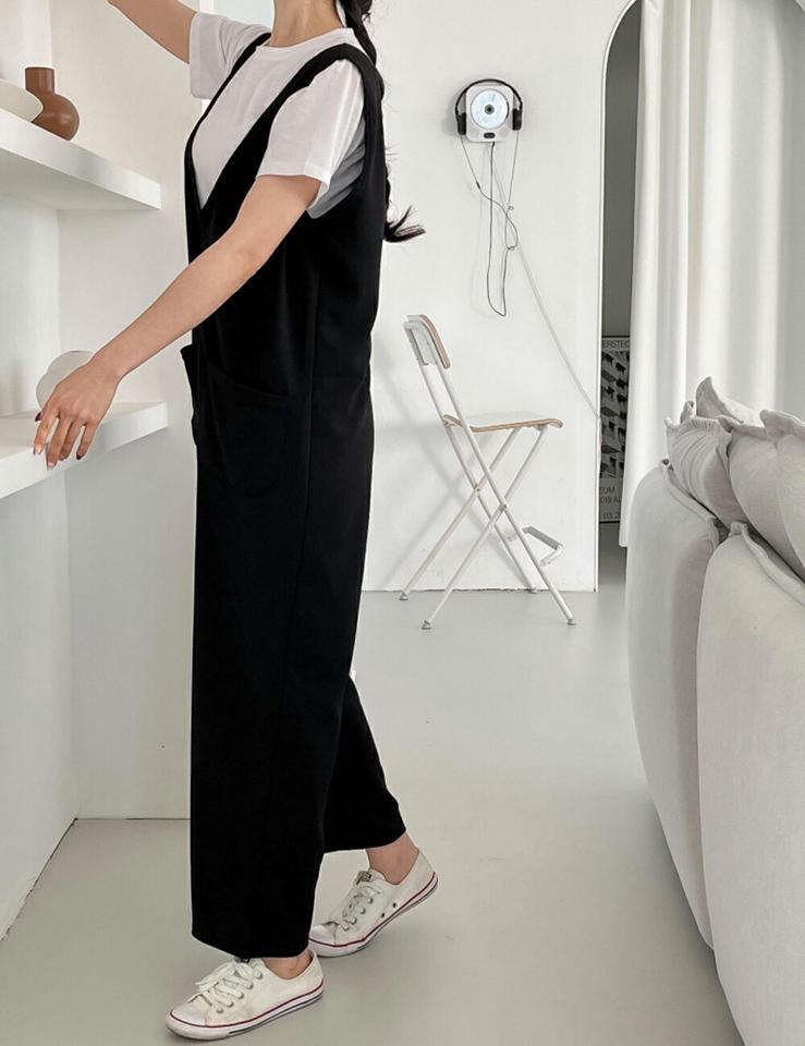 ポケットVネックオールインワン・p001851 レディース 【pt】パンツ オールインワン パンツ ロング丈 単色 無地 シンプル ベーシック Vネック ワイド 春 夏 秋 冬 カジュアル ラフ 韓国ファッション MKT