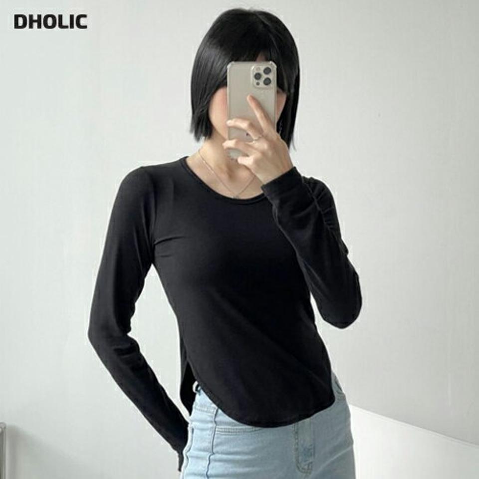 UネックラウンドヘムTシャツ・p001751 レディース 【tops】トップス Tシャツ 長袖 単色 無地 シンプル ベーシック Uネック 鎖骨 デコルテ タイト 細身 スリム 秋 冬 カジュアル ラフ 韓国ファッション MKT