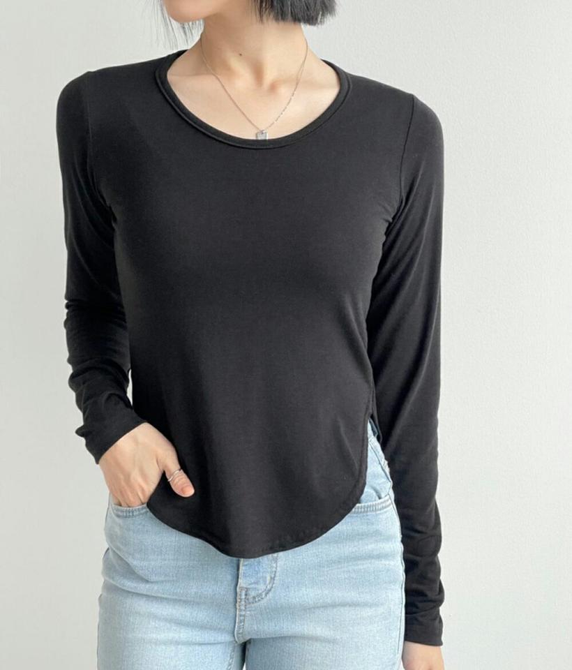 UネックラウンドヘムTシャツ・p001751 レディース 【tops】トップス Tシャツ 長袖 単色 無地 シンプル ベーシック Uネック 鎖骨 デコルテ タイト 細身 スリム 秋 冬 カジュアル ラフ 韓国ファッション MKT