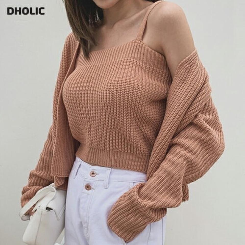 ニットキャミソール&カーディガンSET・p001716 レディース 【tops】セット set アンサンブル トップス カーディガン 長袖 単色 無地 シンプル ベーシック ニット キャミソール 鎖骨 デコルテ 秋 冬 カジュアル 韓国ファッション MKT