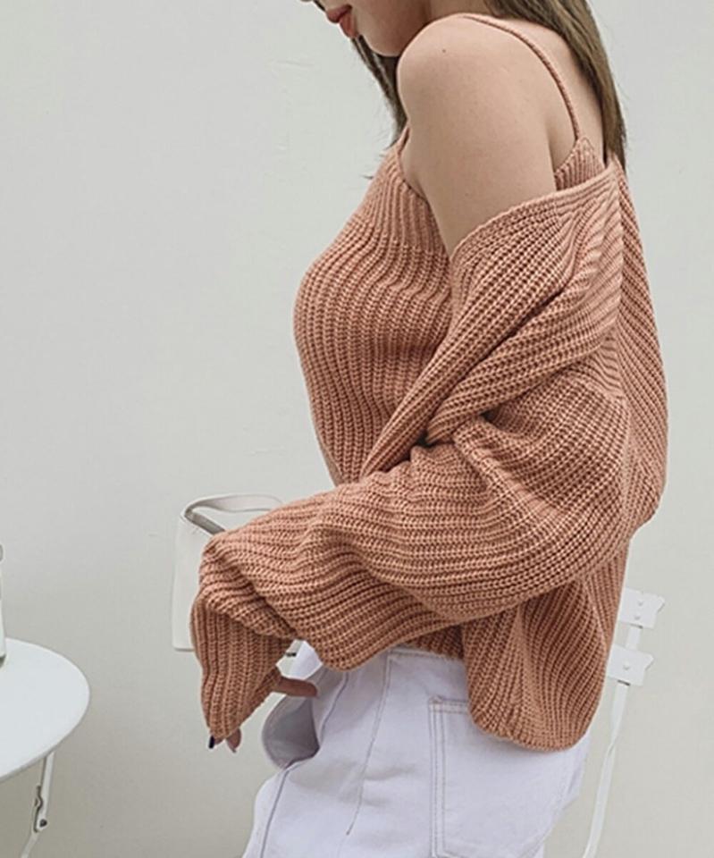 ニットキャミソール&カーディガンSET・p001716 レディース 【tops】セット set アンサンブル トップス カーディガン 長袖 単色 無地 シンプル ベーシック ニット キャミソール 鎖骨 デコルテ 秋 冬 カジュアル 韓国ファッション MKT