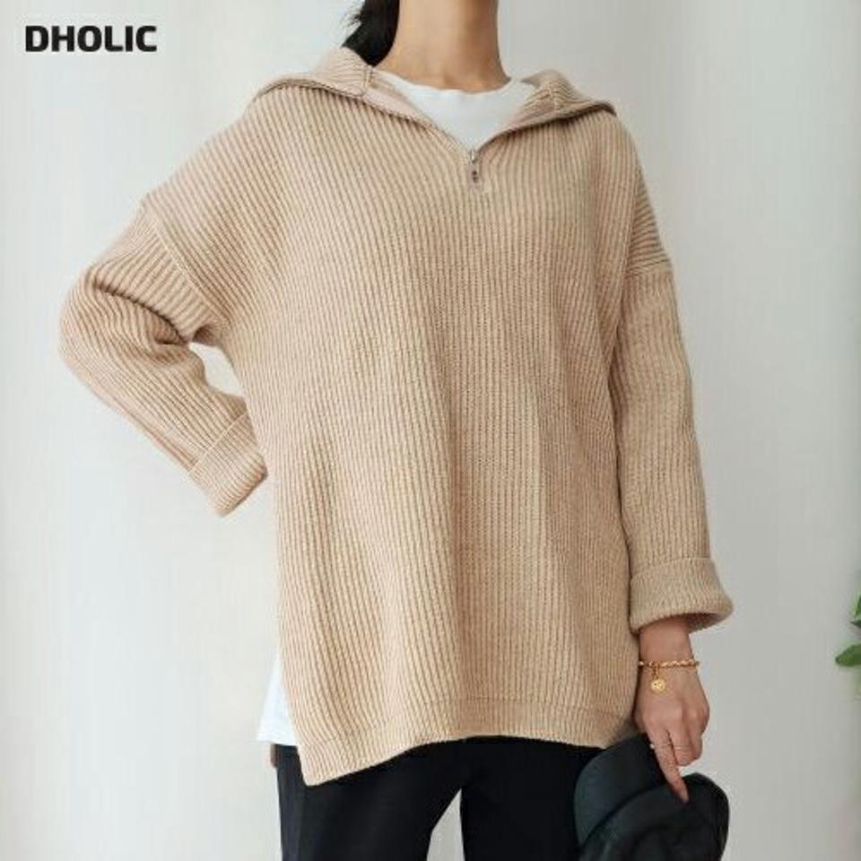 ウール混ハーフジップリブニット・p001942 レディース 【tops】トップス 長袖 ニット 単色 無地 シンプル ベーシック リブ ウール混 フード フーディ ハーフジップ ミドル丈 秋 冬 カジュアル ラフ ドロップショルダー 韓国ファッション MKT