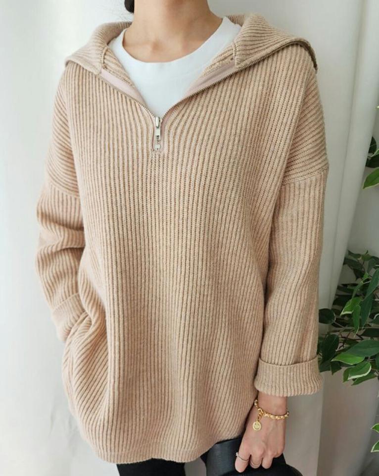 ウール混ハーフジップリブニット・p001942 レディース 【tops】トップス 長袖 ニット 単色 無地 シンプル ベーシック リブ ウール混 フード フーディ ハーフジップ ミドル丈 秋 冬 カジュアル ラフ ドロップショルダー 韓国ファッション MKT