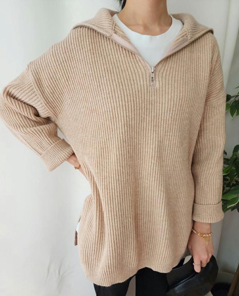 ウール混ハーフジップリブニット・p001942 レディース 【tops】トップス 長袖 ニット 単色 無地 シンプル ベーシック リブ ウール混 フード フーディ ハーフジップ ミドル丈 秋 冬 カジュアル ラフ ドロップショルダー 韓国ファッション MKT